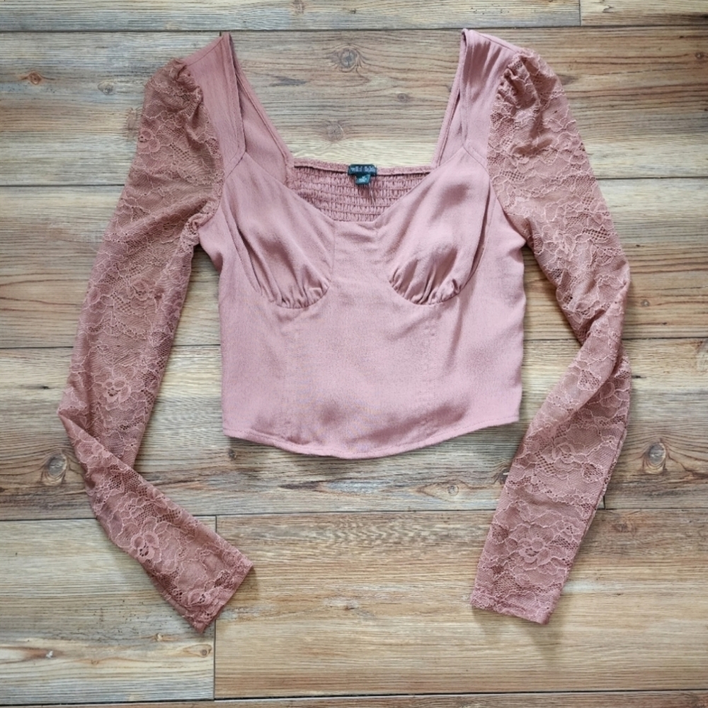 Wild Fable Brown XS Top With Lace Sleeves NEW